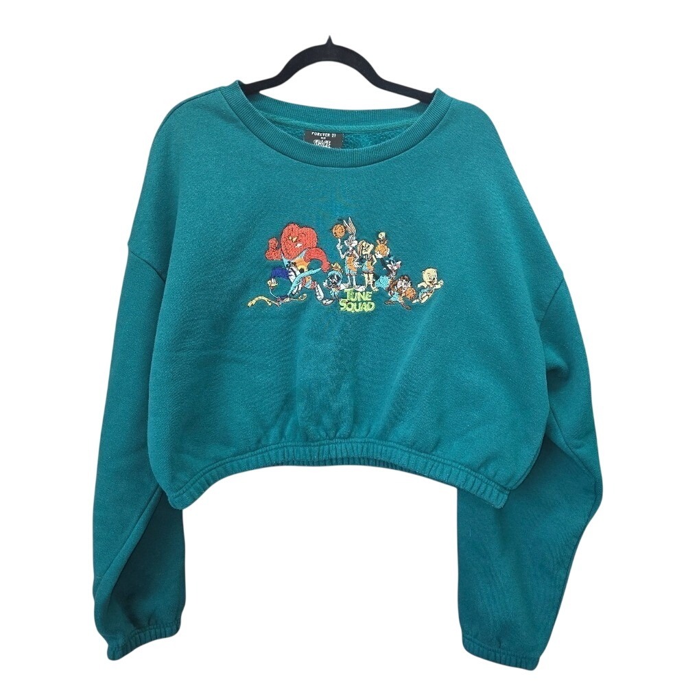 Forever 21 Plus Space Jam Cropped Sweatshirt Teal Embroidered Graphic Top US 2X